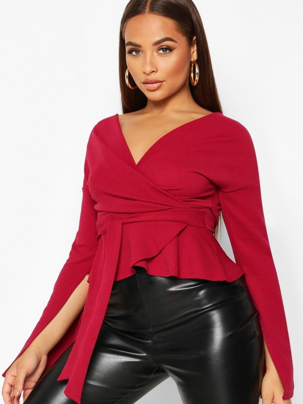 Boohoo Crepe Split Sleeve Ruffle Shoulder Top